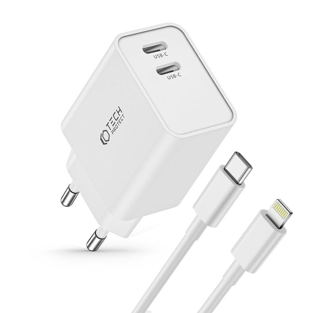 Síťová nabíječka Tech-Protect C35W, 2xUSB-C, PD, 35W  + lightning cable white