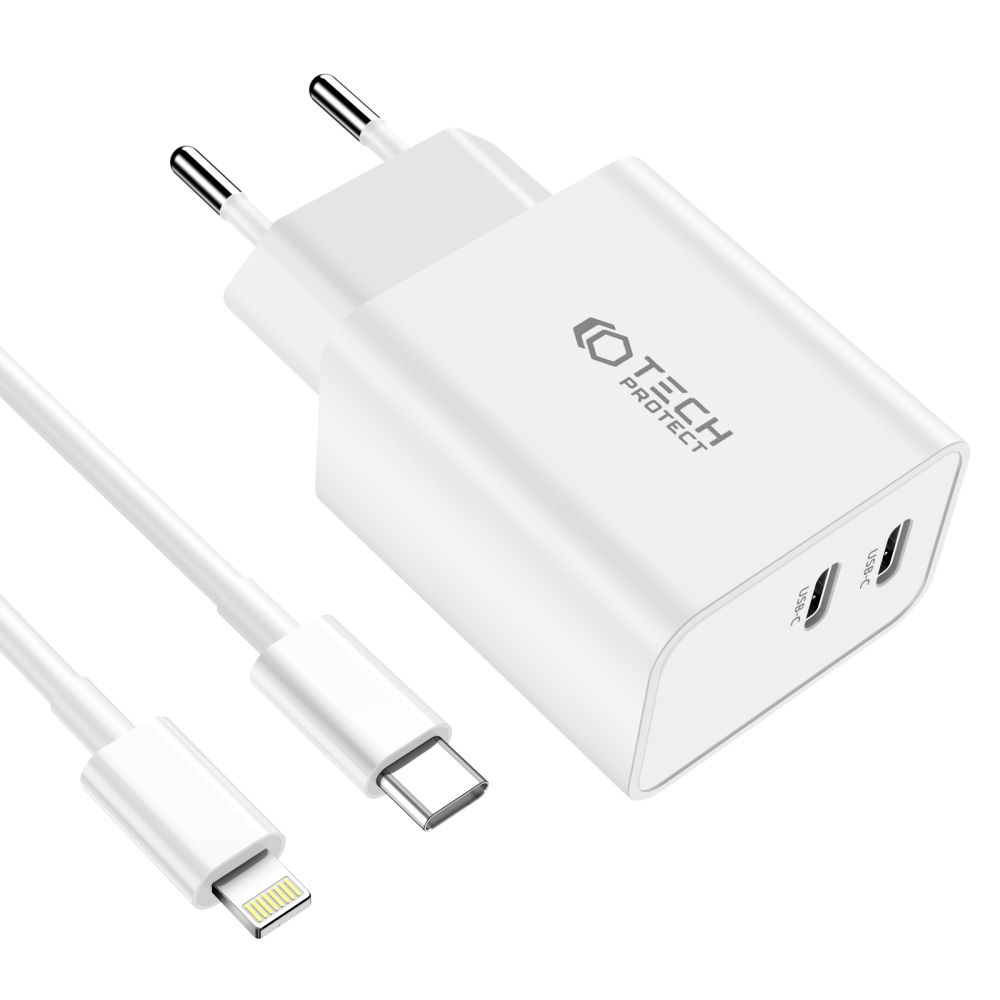 Síťová nabíječka Tech-Protect C35W, 2xUSB-C, PD, 35W  + lightning cable white