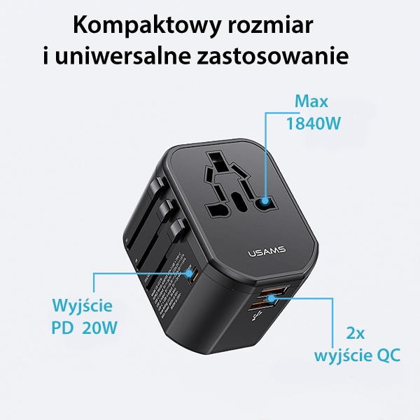 Síťová nabíječka USAMS T59 power charger 4-in-1 US/AU/EU/UK travel adapter black