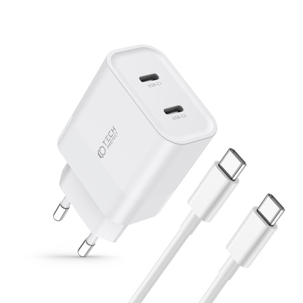 Síťová nabíječka Tech-Protect C20W Network Charger 2xUSB-C, PD, 20W + USB-C / USB-C cable 100cm White