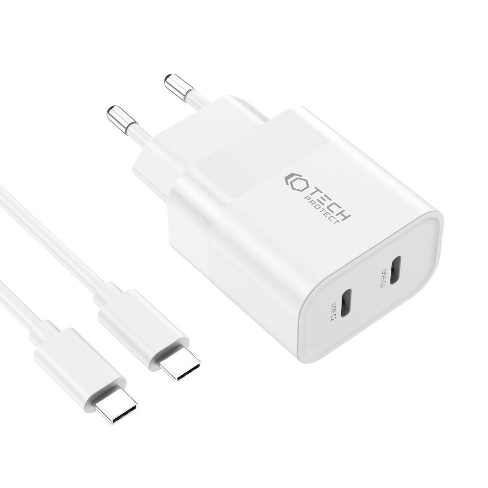 Síťová nabíječka Tech-Protect C20W Network Charger 2xUSB-C, PD, 20W + USB-C / USB-C cable 100cm White