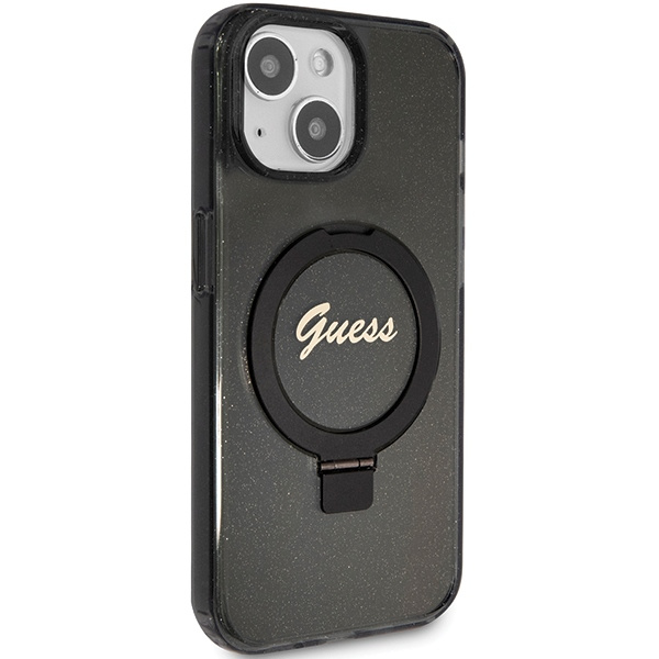 Kryt Guess GUHMP13MHRSGSK Apple iPhone 13 / 14 / 15 hardcase Ring Stand Script Glitter MagSafe black