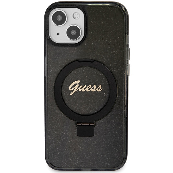 Kryt Guess GUHMP14SHRSGSK Apple iPhone 13 / 14 / 15 hardcase Ring Stand Script Glitter MagSafe black