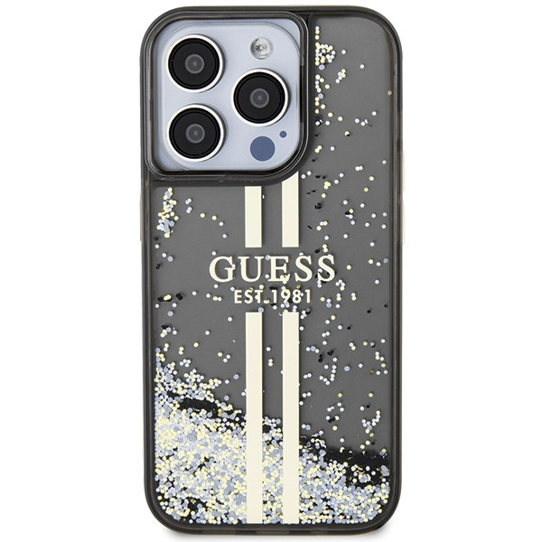 Kryt Guess GUHCP15LLFCSEGK Apple iPhone 15 Pro hardcase Liquid Glitter Gold Stripes black