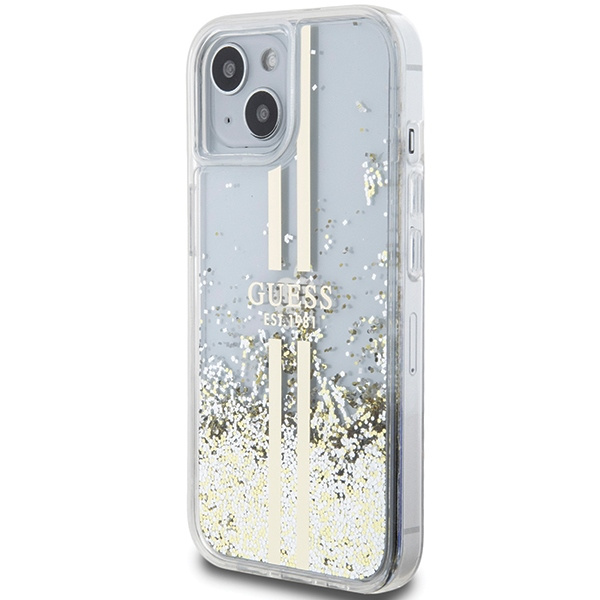 Kryt Guess GUHCP15MLFCSEGT Apple iPhone 15 Plus / 14 Plus hardcase Liquid Glitter Gold Stripes transparent