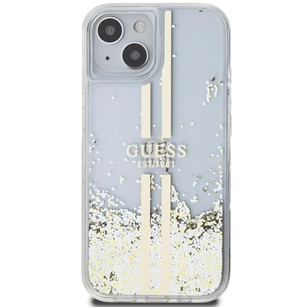 Kryt Guess GUHCP15MLFCSEGT Apple iPhone 15 Plus / 14 Plus hardcase Liquid Glitter Gold Stripes transparent