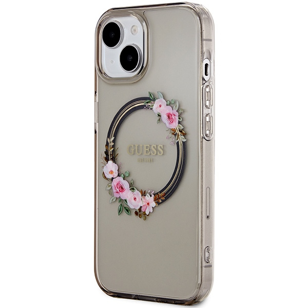 Kryt Guess GUHMP15SHFWFCK Apple iPhone 15 / 14 / 13 hardcase IML Flowers Wreatch MagSafe black