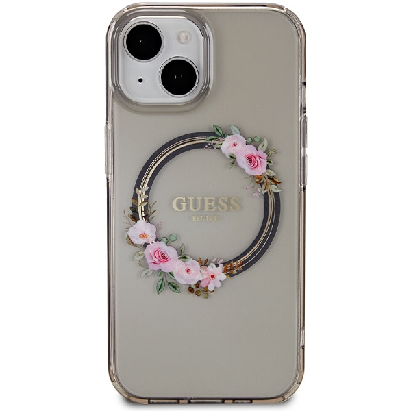 Kryt Guess GUHMP15SHFWFCK Apple iPhone 15 / 14 / 13 hardcase IML Flowers Wreatch MagSafe black