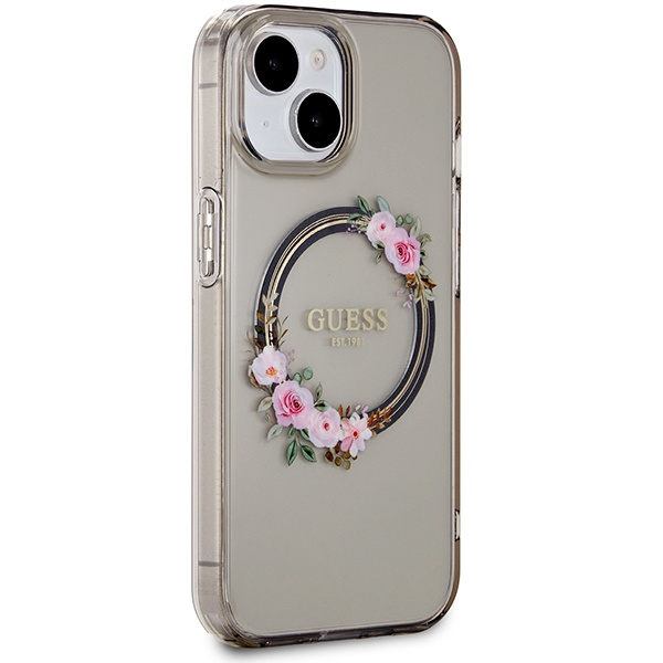 Kryt Guess GUHMP15SHFWFCK Apple iPhone 15 / 14 / 13 hardcase IML Flowers Wreatch MagSafe black