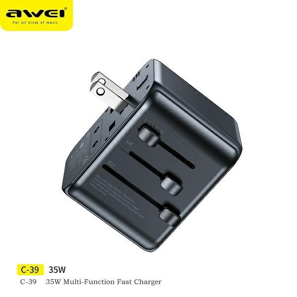 Síťová nabíječka AWEI C-39 travel charger 2xUSB-A, 3xUSB-C 35W US/AU/EU/UK black