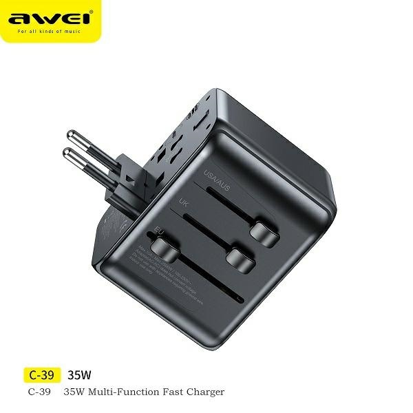 Síťová nabíječka AWEI C-39 travel charger 2xUSB-A, 3xUSB-C 35W US/AU/EU/UK black