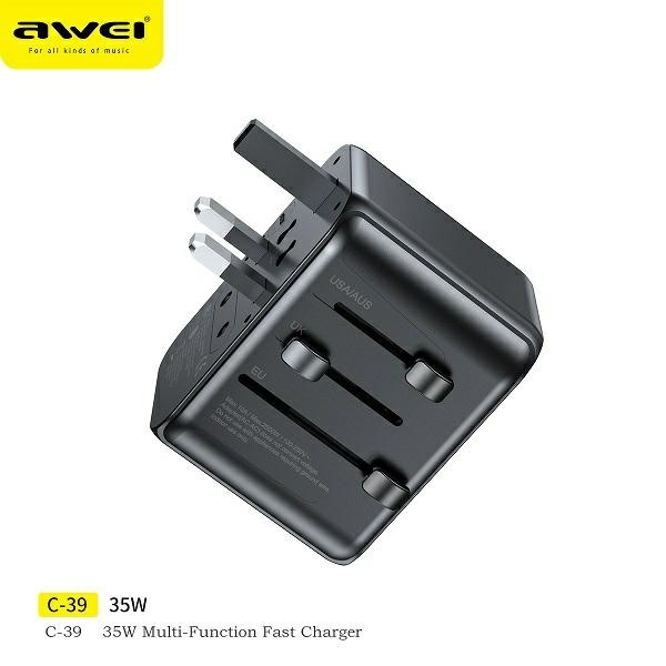 Síťová nabíječka AWEI C-39 travel charger 2xUSB-A, 3xUSB-C 35W US/AU/EU/UK black