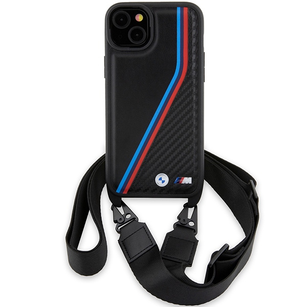 Kryt BMW BMHCP15S23PSVTK Apple iPhone 15 / 14 / 13 hardcase M Edition Carbon Tricolor Lines & Strap black
