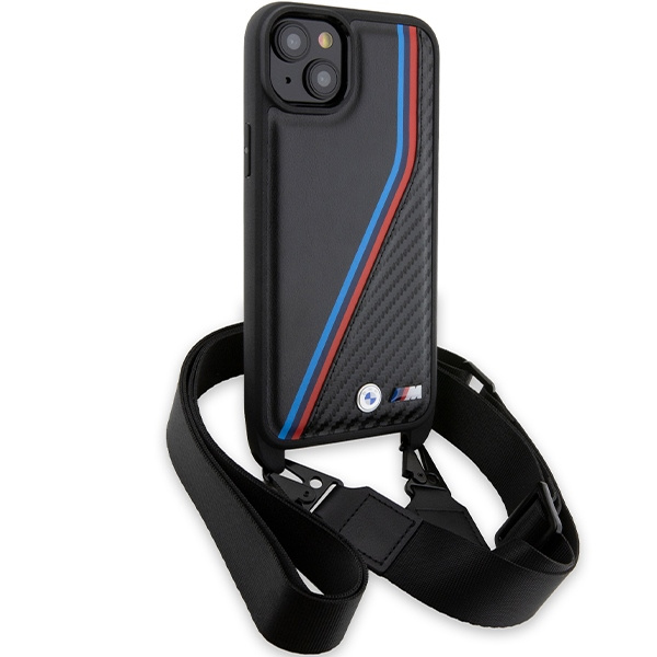 Kryt BMW BMHCP15S23PSVTK Apple iPhone 15 / 14 / 13 hardcase M Edition Carbon Tricolor Lines & Strap black