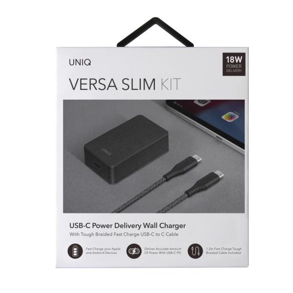 Síťová nabíječka UNIQ  Versa Slim  USB-C PD 18W + USB-C to USB-C Cable charcoal black (LITHOS Collective)