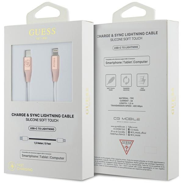 Guess GUCLLALRGDP cable USB-C / Lightning 1.5m Fast Charging Ebossed Logo pink