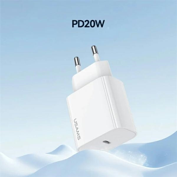 Síťová nabíječka USAMS T65 US-CC226  USB-C PD 20W Fast Charging + USB-C / Lightning cable 30W white