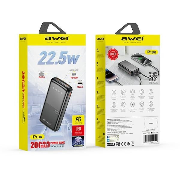 Kryt AWEI P13K powerbank 20000mAh 22.5W Digital Display black