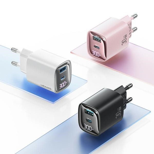 Síťová nabíječka USAMS CC229  USB-A, USB-C 30W GaN Fast Charging XC Series black