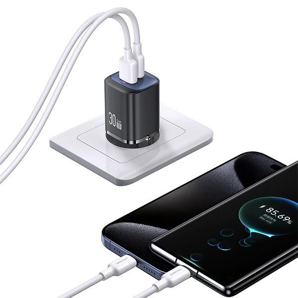 Síťová nabíječka USAMS CC254  USB-A, USB-C 30W GaN Fast Charging HC Series black