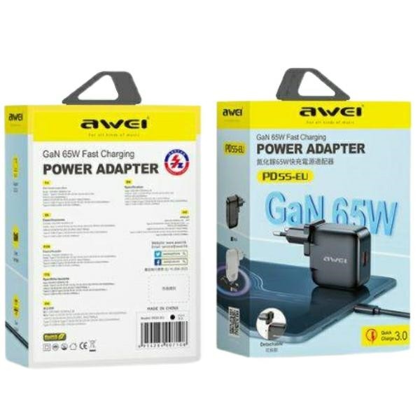 Síťová nabíječka AWEI PD55-EU GaN 65W USB-A, USB-C  black