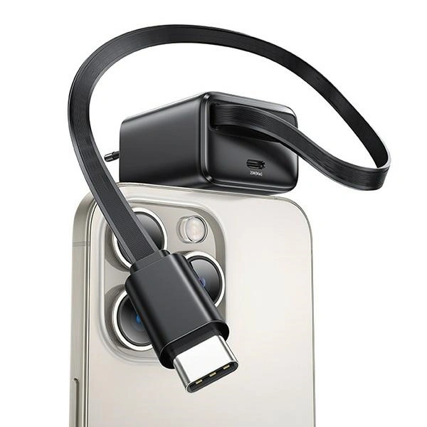 Síťová nabíječka USAMS USB-C  + Retractable USB-C Cable PD+QC 20W Gan Fast Charging Black YC Series