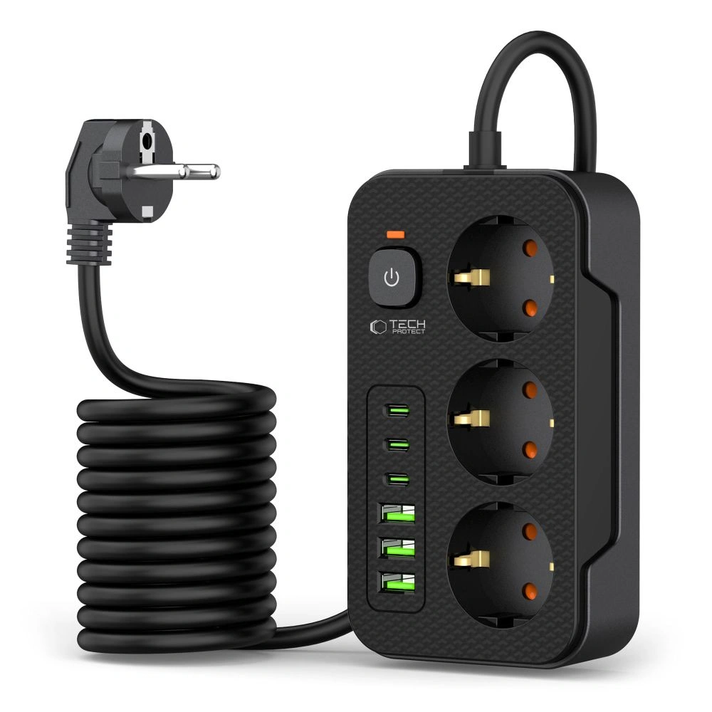 Kryt Tech-Protect PC3X6 Power Socket 3xUSB-A, 3xUSB-C, 3xAC 200cm Black