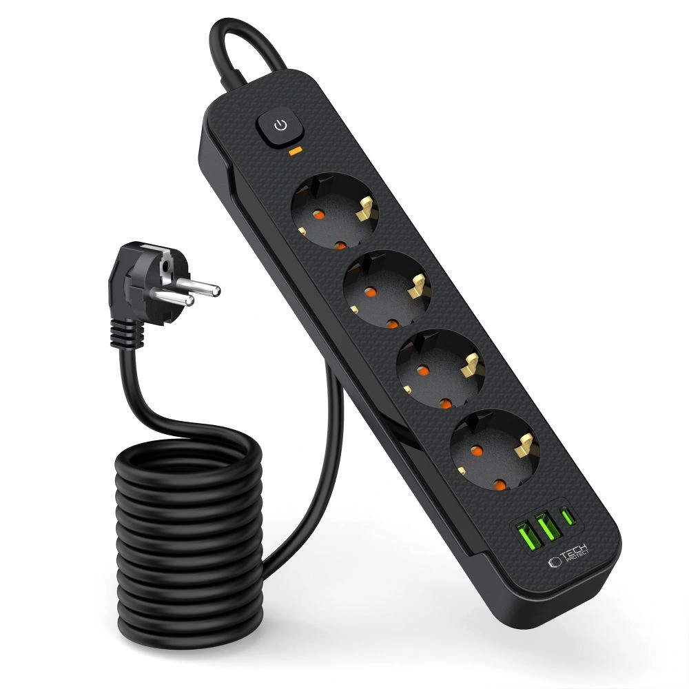 Kryt Tech-Protect PCL4X3 Power Socket Long 2xUSB-A, USB-C, 4xAC 200cm Black