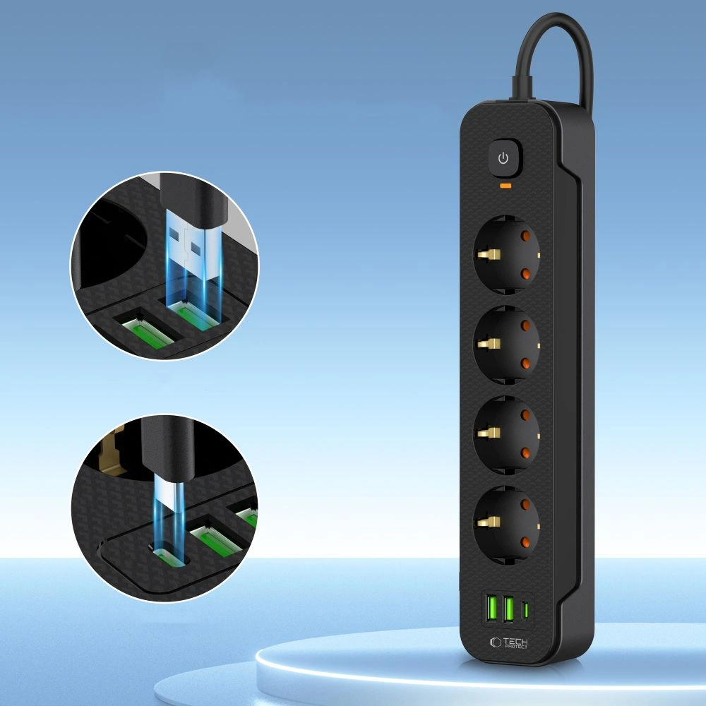 Kryt Tech-Protect PCL4X3 Power Socket Long 2xUSB-A, USB-C, 4xAC 200cm Black