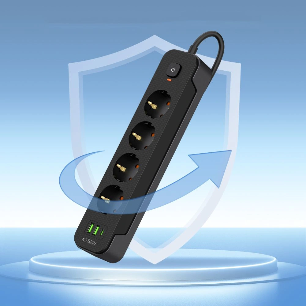 Kryt Tech-Protect PCL4X3 Power Socket Long 2xUSB-A, USB-C, 4xAC 200cm Black