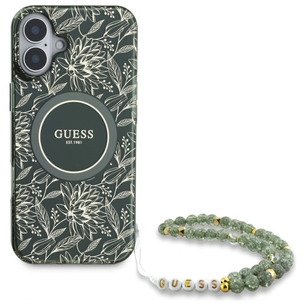 Kryt Guess GUHMP16SHCPOFPA Apple iPhone 16 hardcase IML Flowers Allover Electro With Pearl Strap MagSafe green