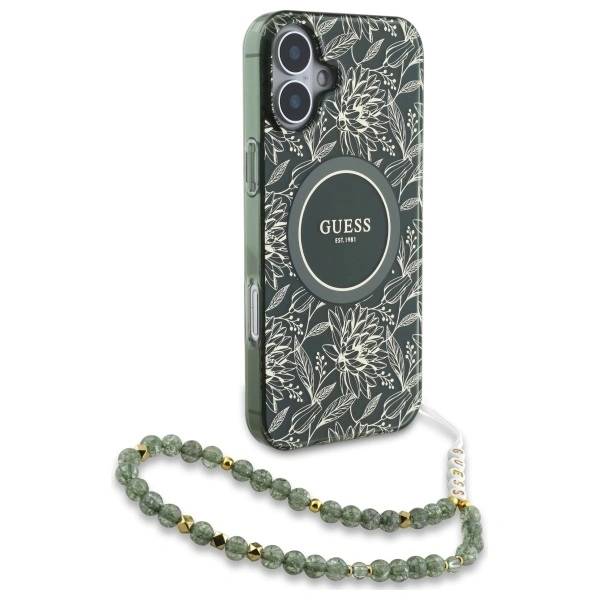 Kryt Guess GUHMP16SHCPOFPA Apple iPhone 16 hardcase IML Flowers Allover Electro With Pearl Strap MagSafe green
