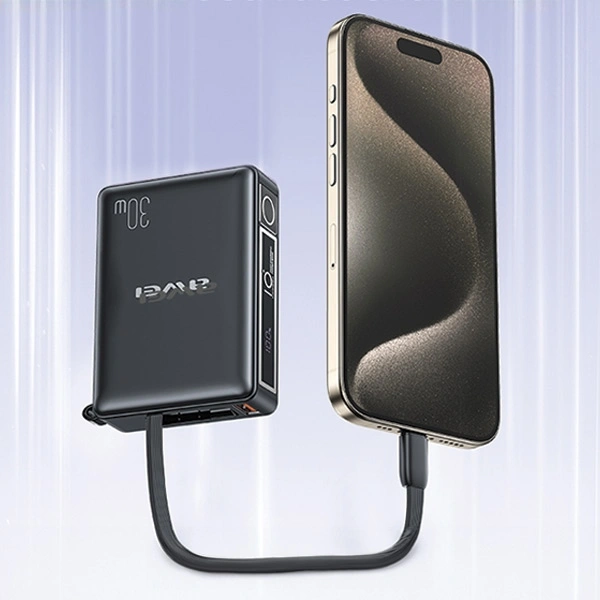 AWEI P87K 10000mAh 30W powerbank with built-in USB-C cable black