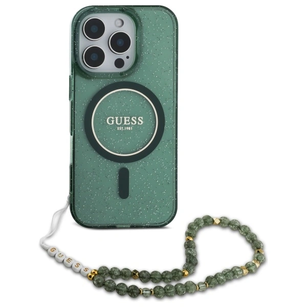 Kryt Guess GUHMP16XHGCRELSA Apple iPhone 16 Pro Max hardcase hardcase IML Glitter With Pearl Strap MagSafe green