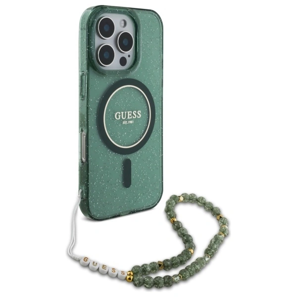 Kryt Guess GUHMP16XHGCRELSA Apple iPhone 16 Pro Max hardcase hardcase IML Glitter With Pearl Strap MagSafe green