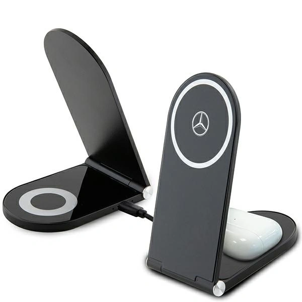Bezdrátová nabíječka Mercedes MEMFBGSLK foldable 2-in-1 wireless charger 15W Silver Star MagSafe black