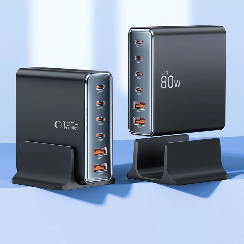 Kryt Tech-Protect DC80W-GAN charging station 6-port 2xUSB-A, 4xUSB-C desktop charger PD80W / QC3.0 black