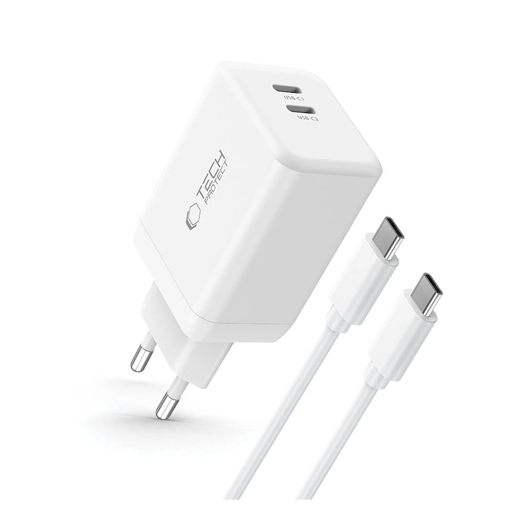 Síťová nabíječka Tech-Protect NC45W-GAN 2xUSB-C Network Charger PD45W + USB-C Cable White