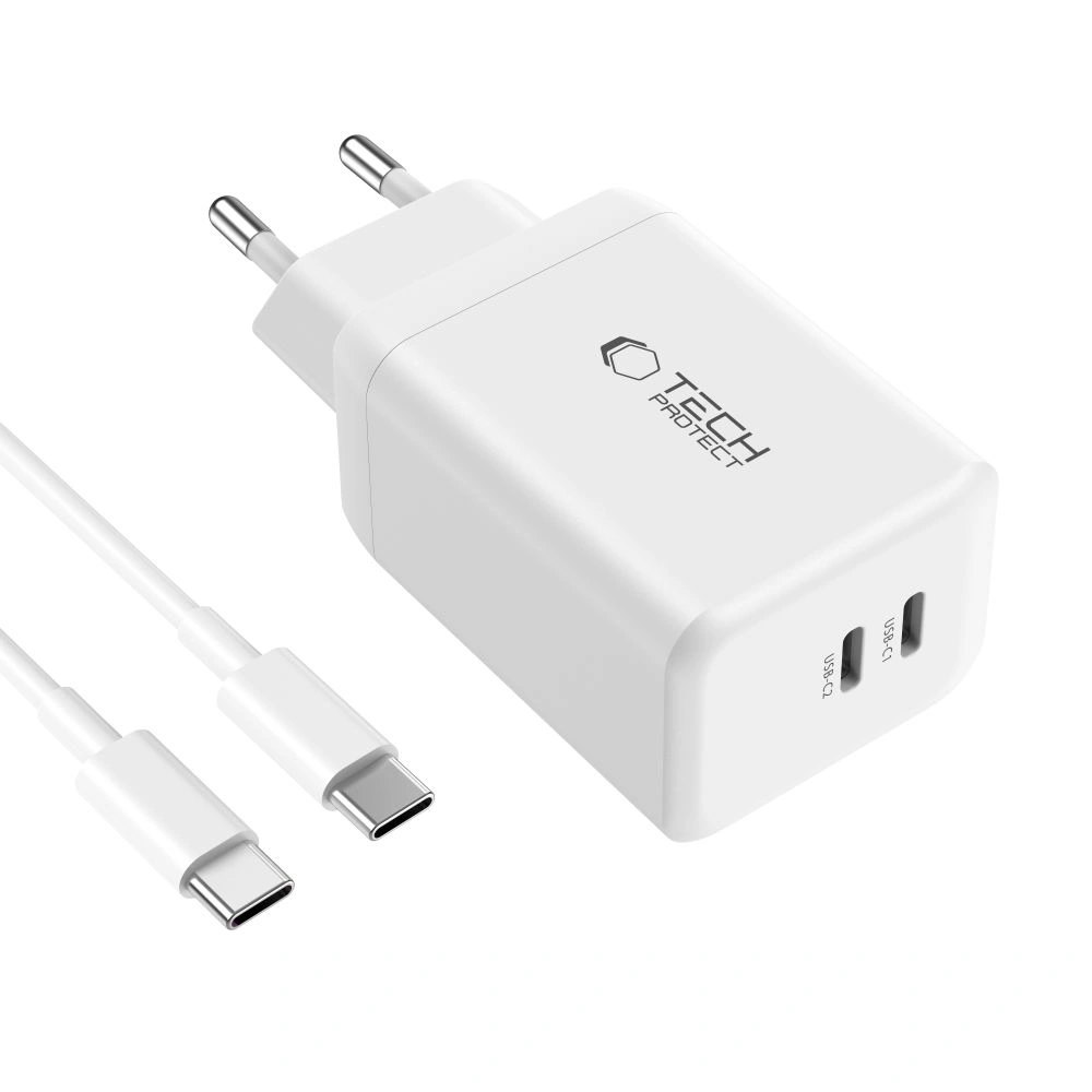 Síťová nabíječka Tech-Protect NC45W-GAN 2xUSB-C Network Charger PD45W + USB-C Cable White