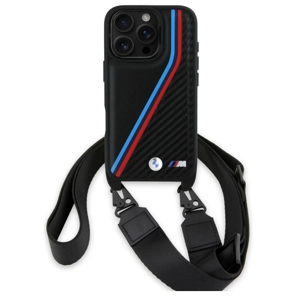 Kryt BMW BMHCP16L23PSVTK Apple iPhone 16 Pro hardcase M Edition Carbon Tricolor Lines & Strap black