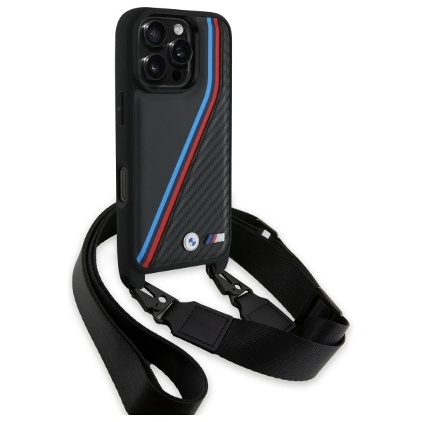 Kryt BMW BMHCP16L23PSVTK Apple iPhone 16 Pro hardcase M Edition Carbon Tricolor Lines & Strap black