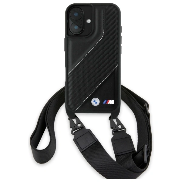 Kryt BMW BMHCP16S23PSCCK Apple iPhone 16 hardcase M Edition Carbon Stripe & Strap black