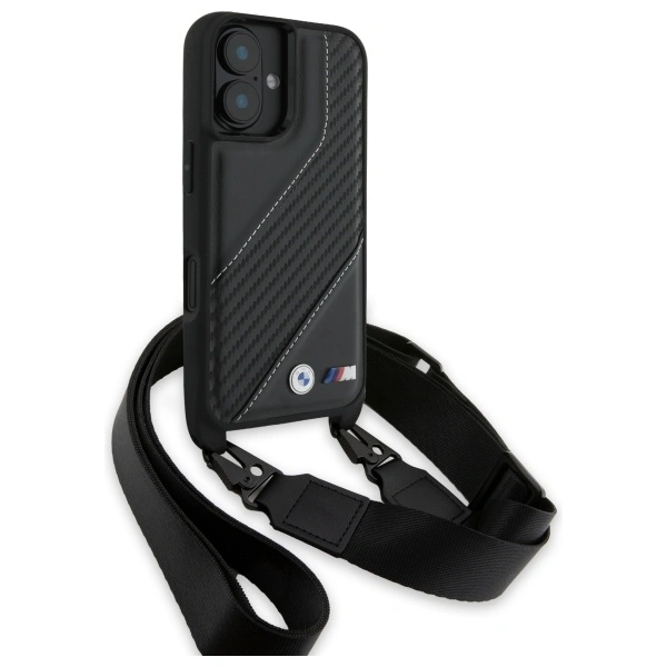 Kryt BMW BMHCP16S23PSCCK Apple iPhone 16 hardcase M Edition Carbon Stripe & Strap black