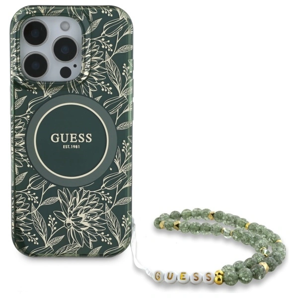 Kryt Guess GUHMP16XHCPOFPA Apple iPhone 16 Pro Max hardcase IML Flowers Allover Electro With Pearl Strap MagSafe green