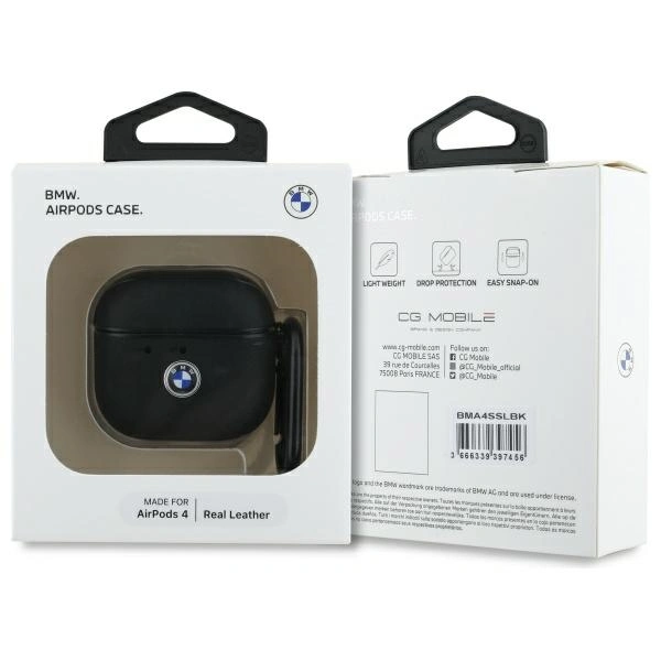 Kryt BMW BMA4SSLBK Apple AirPods 4 cover Geniune Leather Silver Logo black