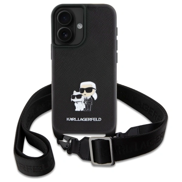 Kryt Karl Lagerfeld KLHCP16SSAKCPBK Apple iPhone 16 hardcase Saffiano Karl&Choupette Metal Pin CBDY Strap black