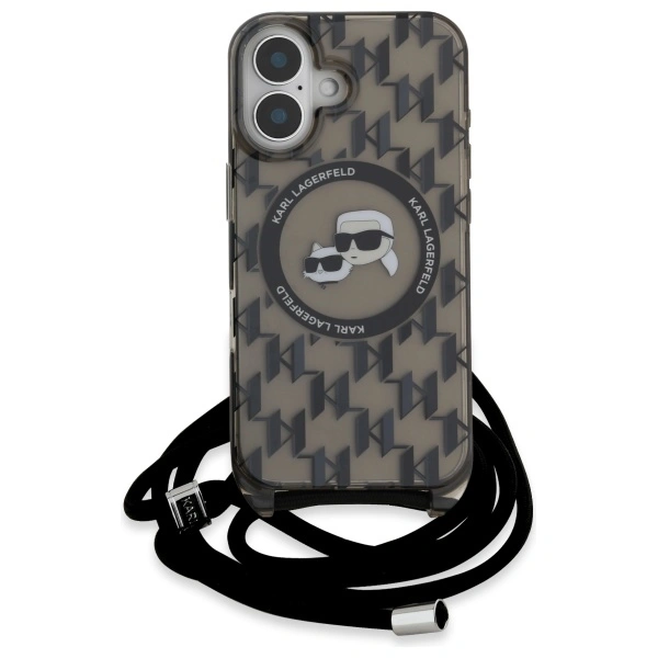 Kryt Karl Lagerfeld KLHMP16SHCKCKLCK Apple iPhone 16 hardcase IML Crossbody Monogram Karl & Choupette Head MagSafe black