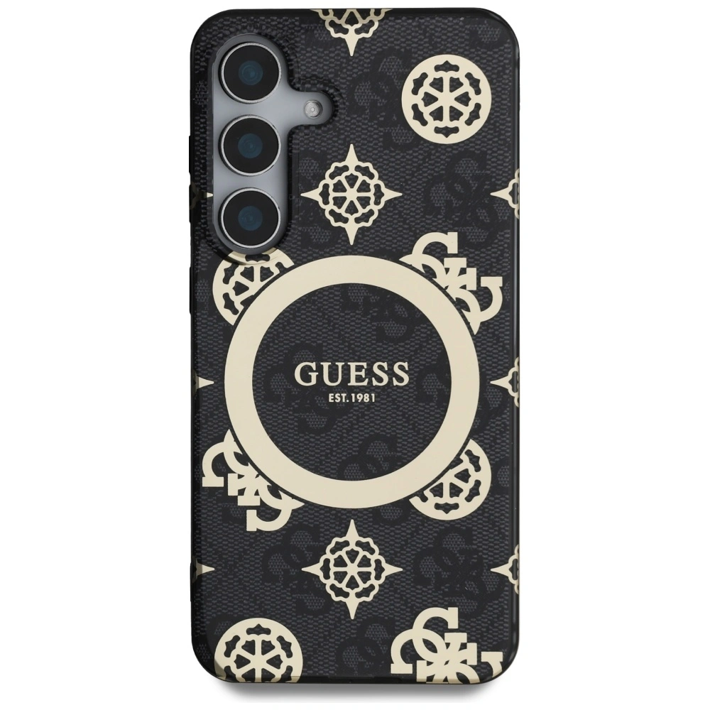 Kryt Guess 4G Background Gold Electroplated Peony Pattern MagSafe Samsung Galaxy S25 black