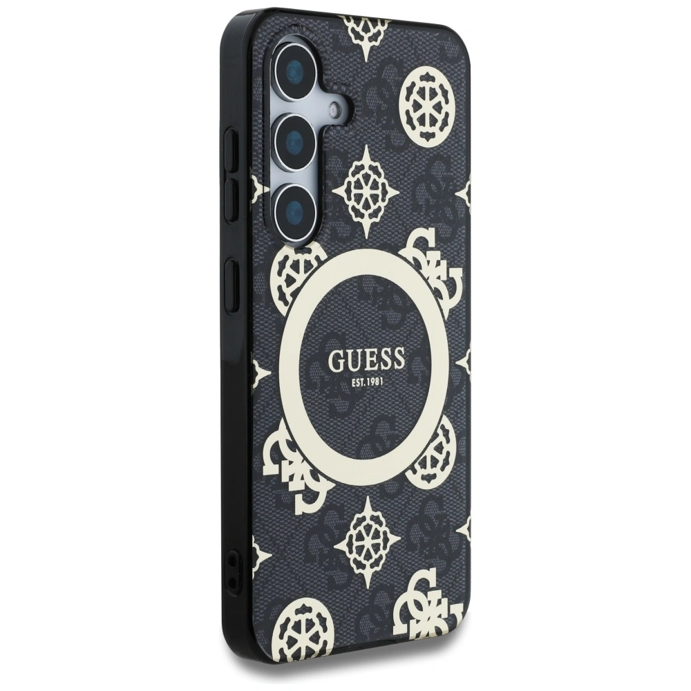 Kryt Guess 4G Background Gold Electroplated Peony Pattern MagSafe Samsung Galaxy S25 black