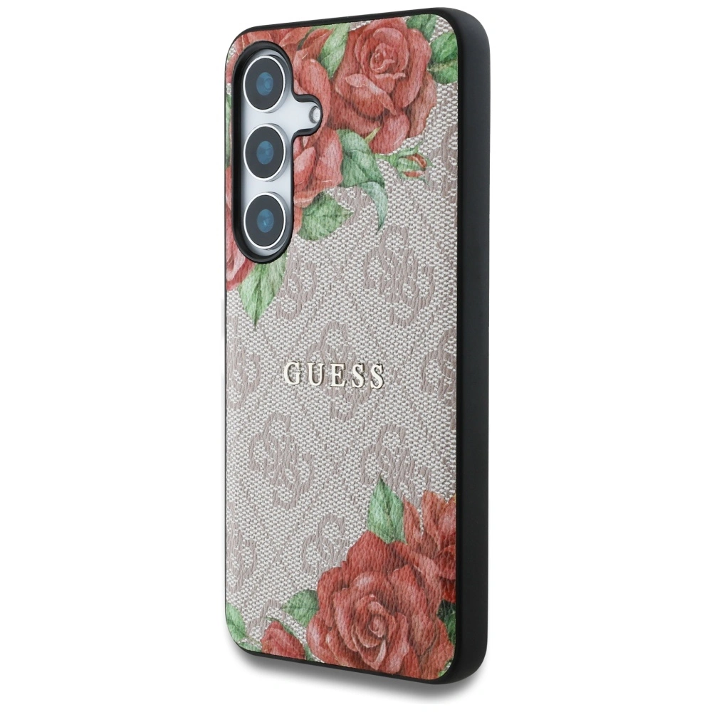 Kryt Guess Leather 4G Flowers Print Metal Classic Logo MagSafe Samsung Galaxy S25 pink